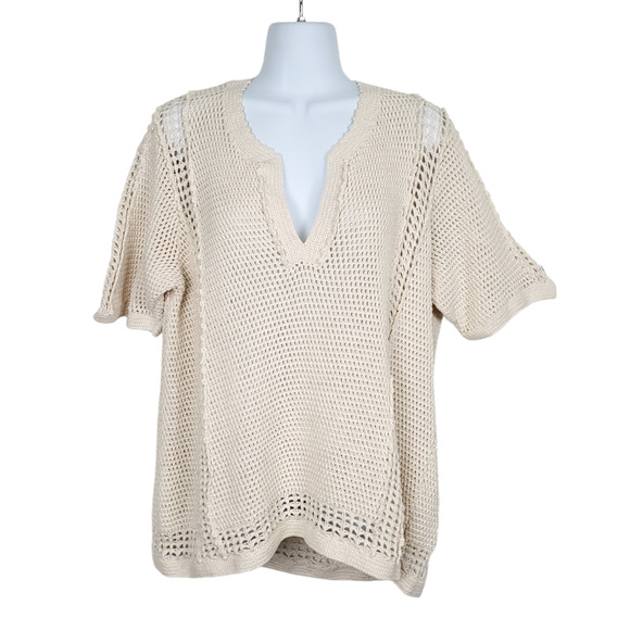 WRAP London Cream V-Neck Open Knit Short Sleeve Sweater Top Basic Cotton US 14 - Picture 1 of 11